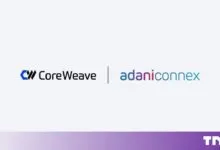 CoreWeave and AdaniConneX corporate logos displayed together on a light grey background.