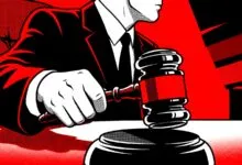 A judge in a black suit striking a wooden gavel down in a dramatic red and black illustration style.