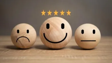 Three wooden spheres with drawn faces showing sad, happy, and neutral expressions, topped with five stars.