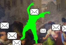 Bright green digital figure with pixelated envelope heads dancing across a classic painting background.