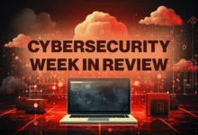 A laptop on a glowing red grid with the text Cybersecurity Week in Review against a digital cloud background.