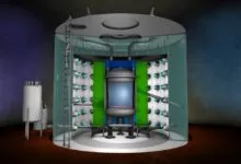 Cutaway diagram of a dark matter detector experiment inside a large underground water tank.