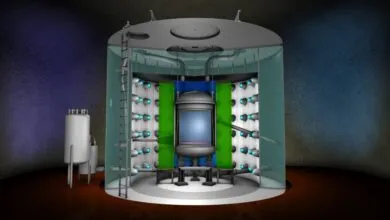 Cutaway diagram of a dark matter detector experiment inside a large underground water tank.