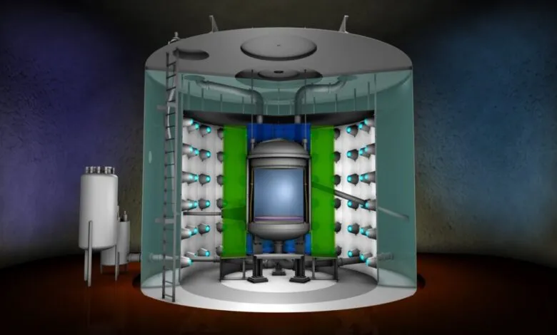 Cutaway diagram of a dark matter detector experiment inside a large underground water tank.