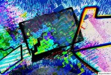 Abstract digital illustration featuring glitch art patterns, file icons, and vibrant neon colors.