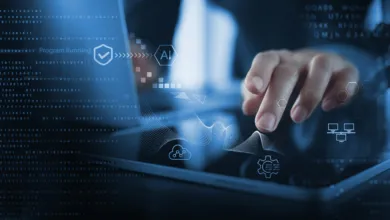 Close-up of a person using a digital tablet with futuristic AI and data network graphics overlay.