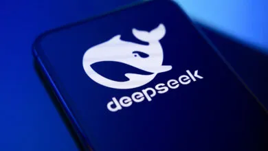 DeepSeek AI logo featuring a white whale icon and text displayed on a smartphone screen.