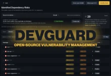 DevGuard dashboard showing open-source vulnerability management with identified dependency risks.
