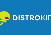 DistroKid logo featuring a green cartoon monster and white text on a bright blue background.