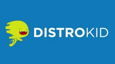 DistroKid logo featuring a green cartoon monster and white text on a bright blue background.