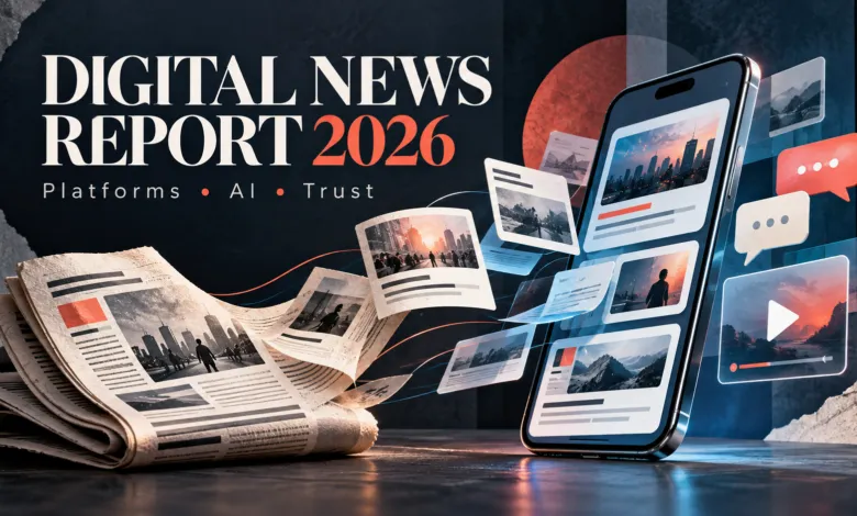 Digital News Report 2026 concept featuring a newspaper transforming into a smartphone with media cards.