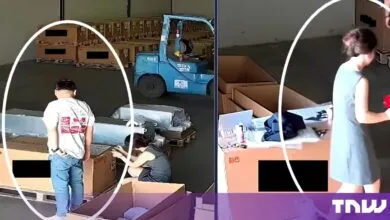 Two surveillance stills showing people and stacked cardboard boxes inside a warehouse setting.