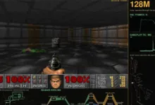Gameplay screenshot of Doom running inside SQL with performance graphs on the right side.