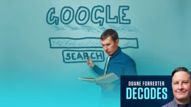 Duane Forrester presenting SEO strategies in front of a hand-drawn Google search graphic.