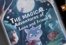 An e-paper display showing a colorful children's book cover with magical woodland animals.
