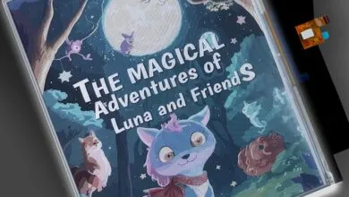 An e-paper display showing a colorful children's book cover with magical woodland animals.