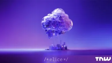 A futuristic city built inside and beneath a glowing purple cloud.