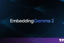 EmbeddingGemma 2 title card with glowing text on a dark blue geometric background.