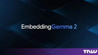 EmbeddingGemma 2 title card with glowing text on a dark blue geometric background.