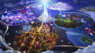 Vibrant conceptual art of a futuristic Disney universe featuring iconic worlds, castles, and floating islands.