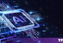Glowing blue microchip with the letters AI superimposed, surrounded by digital circuits and data streams.