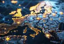 Glowing digital map of Europe with bright lights representing cities and connected communication lines.