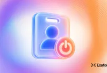 3D glowing translucent ID badge with user profile icon and power symbol