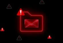 Glowing red folder icon containing an envelope, surrounded by warning triangles on black background.