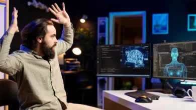 A bearded man reacts with alarm, throwing his hands up while looking at dual computer monitors displaying AI graphics.