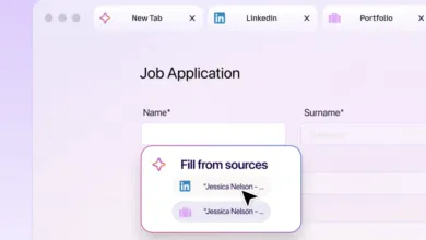 Browser extension showing a Fill from sources dropdown menu over a job application form.