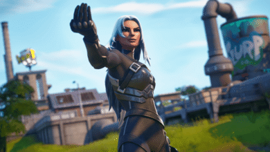 Fortnite Elite Zadie character in black tactical gear poses near a Slurp factory on a sunny map.