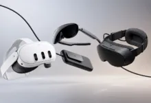Meta Quest VR headsets, smart glasses, and accessories floating against a gradient background.