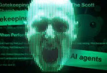 Digital matrix skull graphic overlaying text about AI agents and online forum discussions.