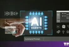 A finger pointing at a glowing blue AI agents chip graphic surrounded by digital interface icons.