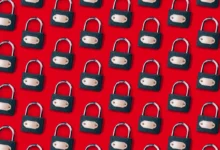 A repeating pattern of dark gray padlocks with silver shackles and brass plates against a bold red background.