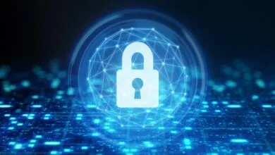 Glowing padlock icon encased in a digital polygonal sphere over a cyber data background.