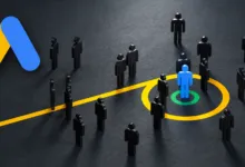 Google Ads logo next to black figurines and one highlighted blue figure inside a yellow target circle.