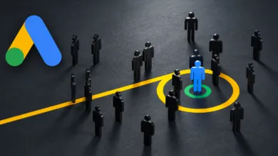 Google Ads logo next to black figurines and one highlighted blue figure inside a yellow target circle.