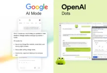 Comparison of Google AI Mode and OpenAI Dots interfaces on split background.