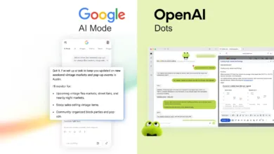 Comparison of Google AI Mode and OpenAI Dots interfaces on split background.