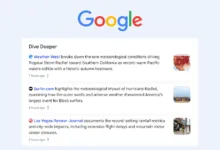 Google search results interface displaying a Dive Deeper section with news articles.
