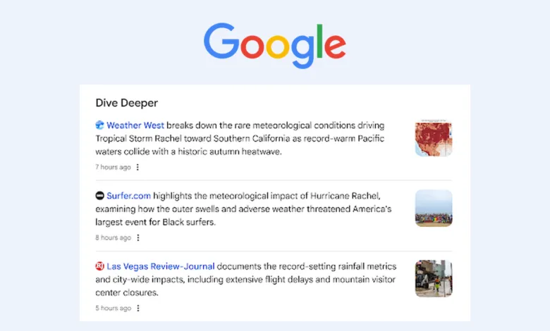 Google search results interface displaying a Dive Deeper section with news articles.