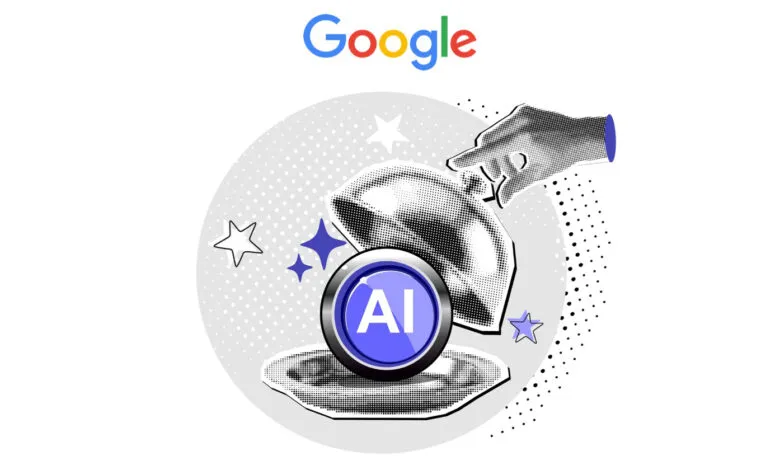 A hand lifts a cloche to reveal a glowing blue AI button beneath the Google logo.