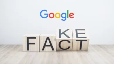 Wooden blocks spelling FAKE and FACT with the Google logo above against a white background.
