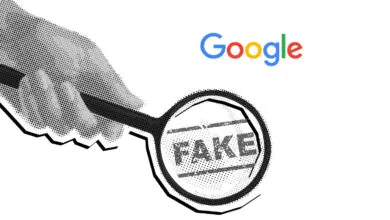 A dotted halftone hand holding a magnifying glass inspecting a stamp that reads FAKE below a Google logo.