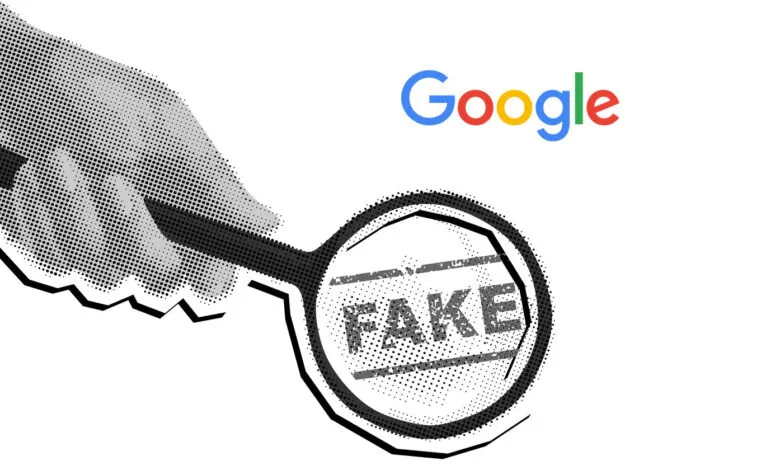 A dotted halftone hand holding a magnifying glass inspecting a stamp that reads FAKE below a Google logo.