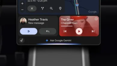 Android Auto interface displaying Google Gemini integration, a message notification, and a music player.