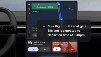 Car infotainment screen displaying navigation, media, and a Gemini flight notification.