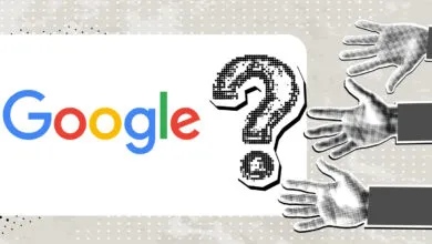 Google logo alongside a dotted question mark with hands reaching out in a vintage halftone style