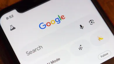 Close-up of a smartphone screen displaying the Google search page with voice and lens icons.